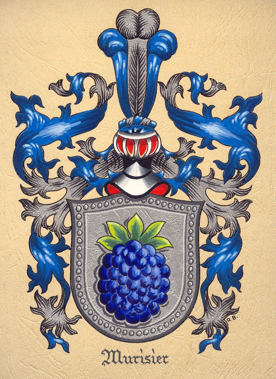 Blason de la famille Murisier : un écu d'argent chargé d'une mûre bleue feuillée de vert, surmonté d'un heaume aux lambrequins d'azur et d'argent, avec le nom Murisier en lettres gothiques.